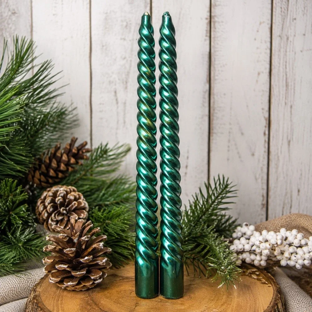 Vintage Pair Metallic Emerald Green Spiral Twist Taper Candles 11